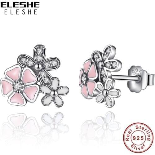 ELESHE Wholesale CZ & Enamel Daisy Cherry Blossom Pink Earrings 925 Sterling Silver Flower Stud Earrings For Women
