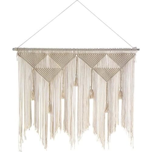 Macrame Wall Hanging Boho Woven Tapestry, Beige White Tassel Decor Curtain For Home Backdrop (Wood Stick Not Included)