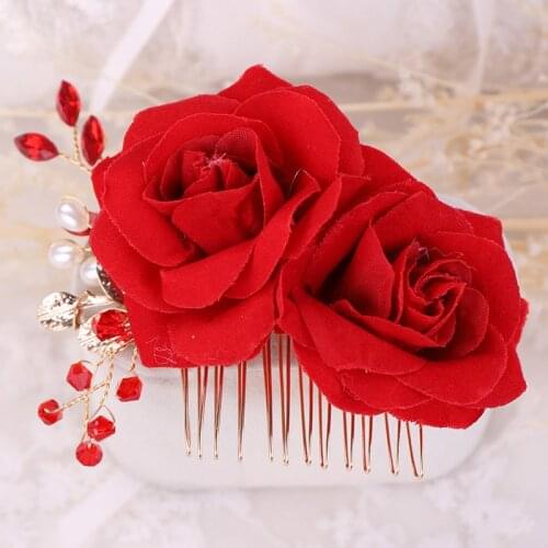New Fashion Chinese Fake Red Rose Flower Pearl Hair Comb Bridal Bride Noiva Wedding Hair Jewelry Accessories Head Piece Crown