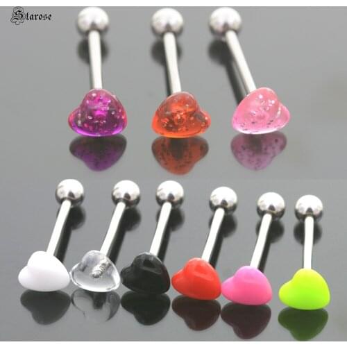 Starose 2 Pcs 1.6x16mm Candy Color Sequins Heart Tongue Piercing Bar Tongue Rings Surgical Stainless Steel Barbell Body Jewelry