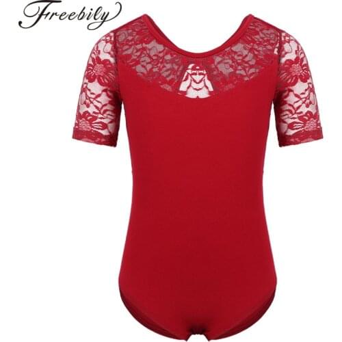 Girls Floral Lace Short Sleeves Professional Ballet Dance Leotard Child Keyhole Back Gymnastics Leotard Kids Ballerina Bodysuit