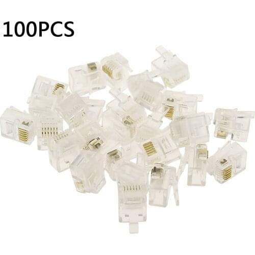 100Pcs 6P6C 4P4C RJ12 RJ11 Crystal Head Modular Plug Gold Plated Network Connector For Solid Phone Cables Connectors