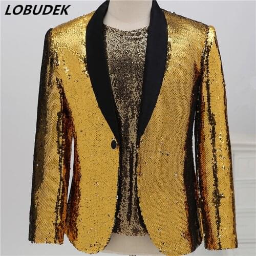 Men Bar Evening Host Formal Suit Jacket Shiny Gold Sequins Slim Blazer Coat Male Singer Concert Performance Stage Coats S-3XL