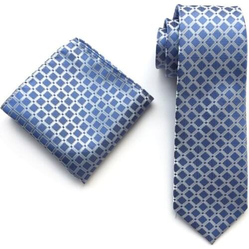 Wholesale Men Necktie Set Personality Diamond Blue Plaid Cravat Tie Sets with Pocket Square
