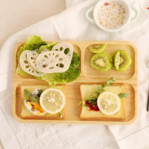 Creative Zakka natural rubber wood dish plate wodden tableware rectangle separated plate children plate dish snack dessert plate