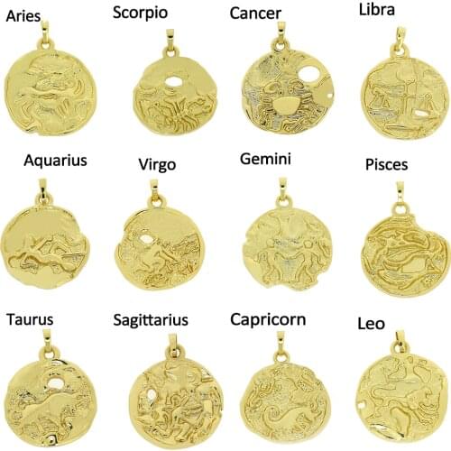Gold plated Copper Zircon 12 Constellation Zodiac Charms for Jewelry Making Bulk Gold Diy Earring Necklace Lucky Accessories