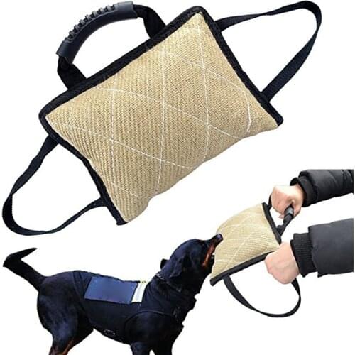 Durable Dog Training Bite Tug Toy with 3 Handles Jute Linen Bite Pillow