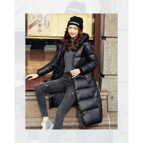 Black womens down jacket Zipper hooded thick Keep warm Large size long sleeve Fashion Slim 2019new