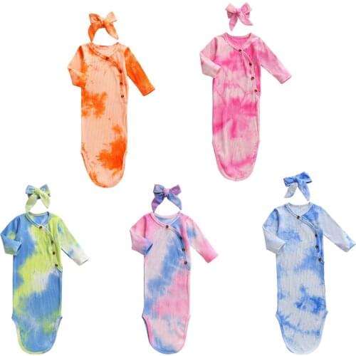 0-12M Infant Newborn Baby Ribbed Sleeping Bag Long-Sleeved Romper, Fall V-Collar Buttons Knitting Dye Printed Clothes Headband
