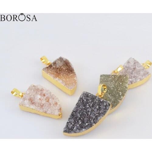 Horn Shape Gold Plating Natural Agates Druzy Pendant for Necklace Making, 18inch Necklace Natural Druzy Pendant Necklace G2024
