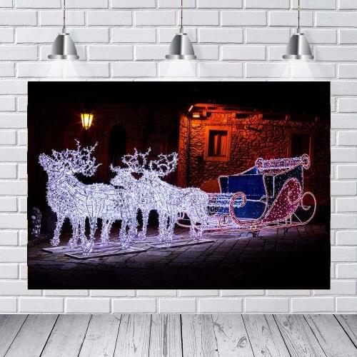MEHOFOTO Christmas garland reindeer sleigh street night light cottage Background Vinyl cloth Computer print party photo backdrop