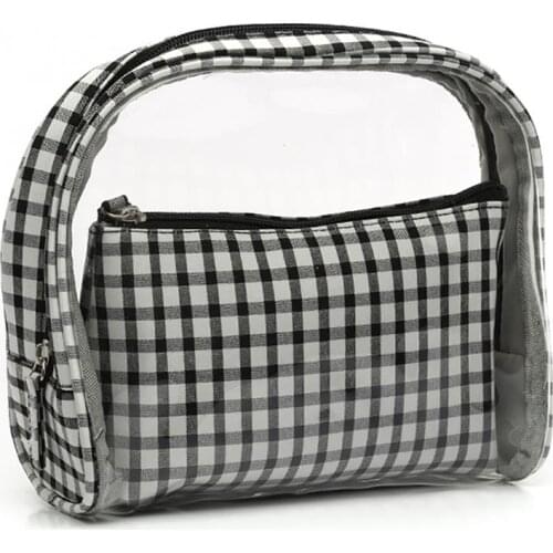 Coofit 1pc Fashion Plaid Pattern Transparent Makeup Bag Portable Zipper Cosmetic Pouch Coin Pouch With Inner Purse For Travel