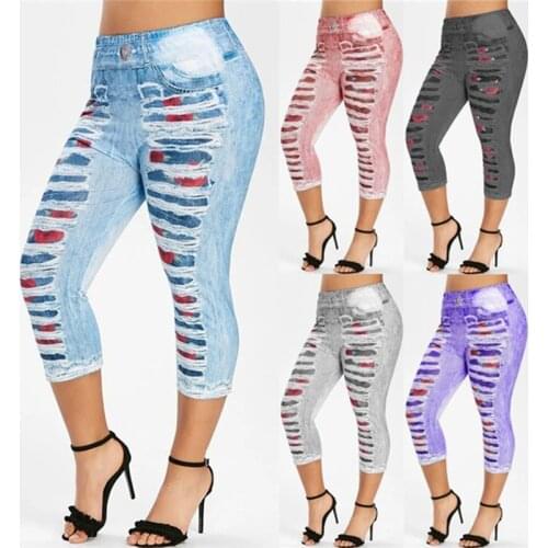 3D Print Fake Jeans Leggings Women Plus Size High Waist Imitation Denim Trousers Capri Casual Workout Sports Pants 2021