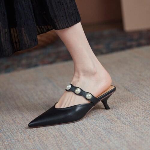 2021 New Women Slippers Summer Thin Heels Shoes Woman Genuine Leather Woman Sandals Pointed Toe Ladies Slippers Size34-43