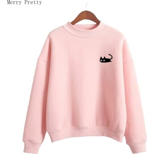 Womens Cartoon Cat Embroidery Funny Hoodies Sweatshirts Long Sleeve O-eck Cotton Pullovers 2021 Spring Femme Casual Tracksuits