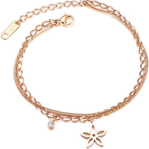 Hollow FLOWER Double Layer Rose Gold Color Bangle Bracelet For Women Trendy Stainless Steel Cuff Hand Jewelry Gift Dropshipping