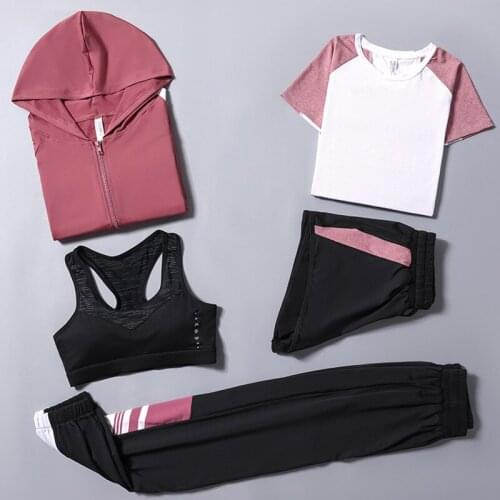 Plus Size Women Yoga 5 Piece Set Quick Dry Sportswear Running Suits Clothing Fitness Gym Coats+T Shirt+Bra+Shorts+Pants 4XL