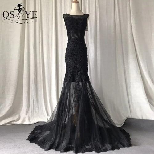 New Long Black Prom Dresses 2021 Lace Appliques Evening Dress Chapel Train Formal Party Gown Tulle Illusion Evening Dress Lace