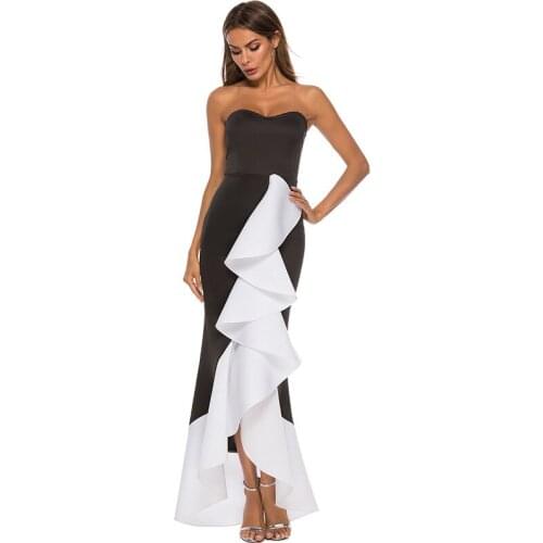 Plus Size Patchwork Sleeveless Sexy Backless Ruffles Women Dress Long Strapless Autumn Irregular Zipper Up Black Party Dress