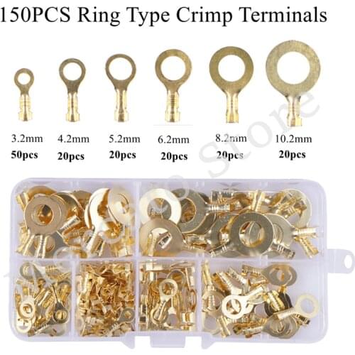 150pcs/set Ring Type Gold Terminals Golden Brass Non-insulated Crimp Terminals Connectors 3.2mm-10.2mm Cable Wire Connectors