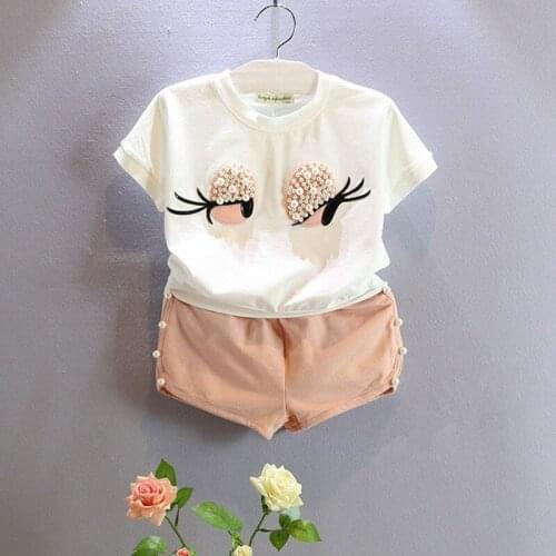 2016 New Summer Kids Sets Girls Clothes Set Fashion Pearl Big Eye Lashes Short Sleeve Top Shors Suit Girls Clothing Ses 2-7Y