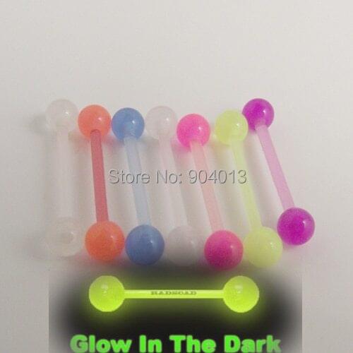 Free Shipping 5pcs/lot flexible mixed color tongue barbell ring tongue 1.6x16x5mm glow in the dark body piercing jewelry