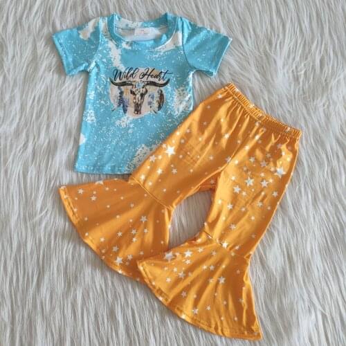 Childrens suit boutique short-sleeved clothes fashion pentagram printed flared pants wholesale and retail girl suit