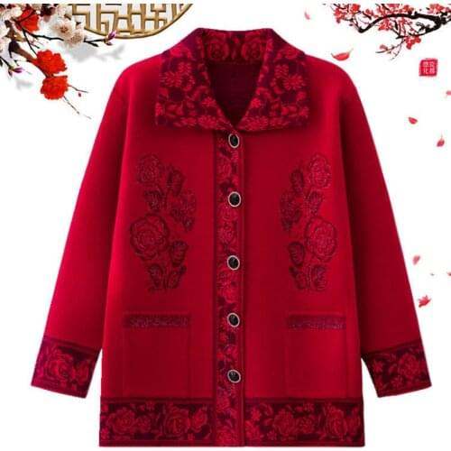 Elegant Knitted Sweater Middle-aged and Elderly Womens Sweaters Cardigan Autumn Winter Thicken Single-breasted Lattice Jacket