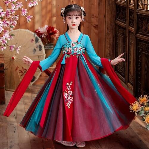 Chinese Girls Embroider Traditional HanFu Ancient Perform Dresses Kids Birthday Party Formal Gowns Photography New Year Dress