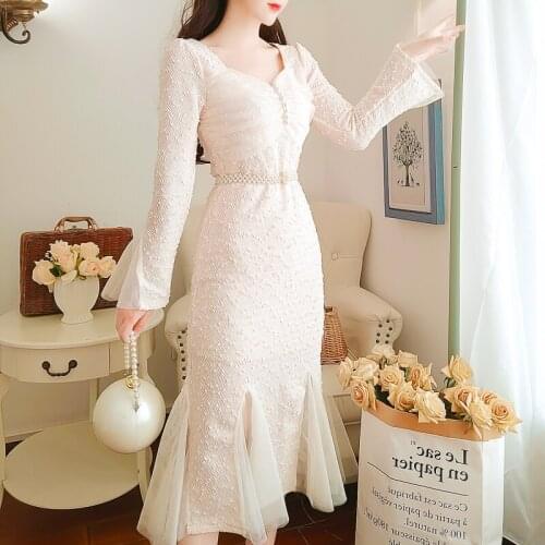 SWEETXUE Lace Mermaid Dress Womens Sexy V-neck Flare Sleeves Mesh Patchwork Slim Party Dress with Belt