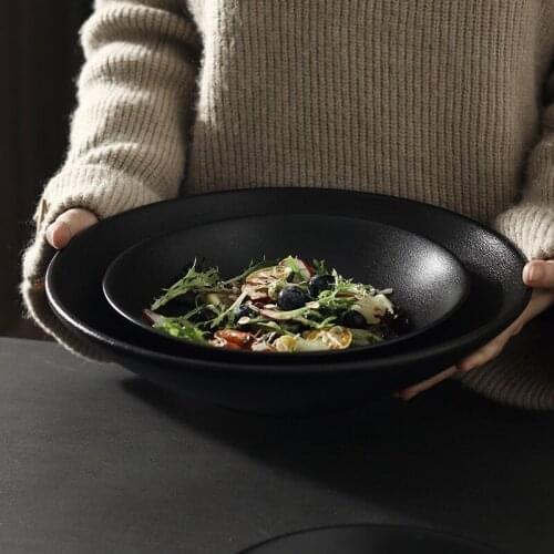 LingAo Black shallow soup plate size 12 inch Hotel tableware wholesale Japanese tableware dishes mixed noodles soup bowl