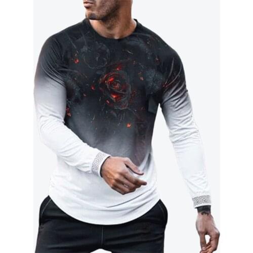 Fashion Long Sleeve Colorcontrast T-shirts Pullover Tops Casual Mens Pattern Printed O-Neck Tees 2021 Autumn Men Slim Streetwear