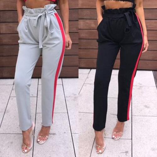 Fashion Active Casual Women Ladies High Waist Sashes Striped Straight Loose Slim Show Thin Drawing Casual Pants 2 Style