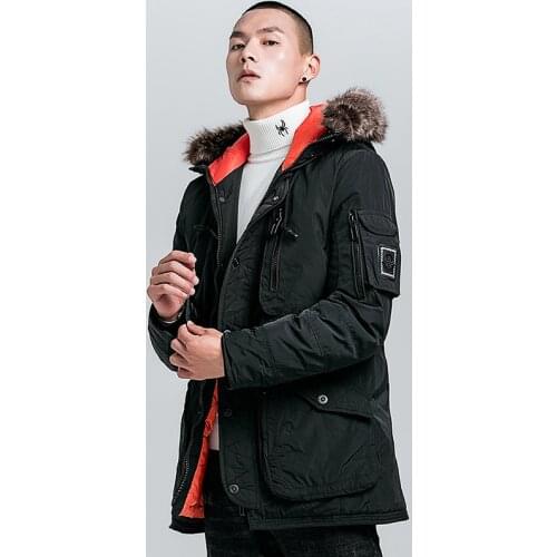 Mens Warm Parka Thicken Padded Jackets Mid-Long Windproof Winter Coats Detachable Faux-Fur Collar Casual Fashion Streetwear