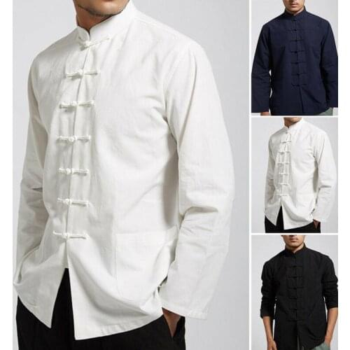 Men Uniform Clothing Traditional Chinese Tang Suit Coat Kung Fu Tai Chi Spring New Long-Sleeved Cotton and Linen Retro Buddhist