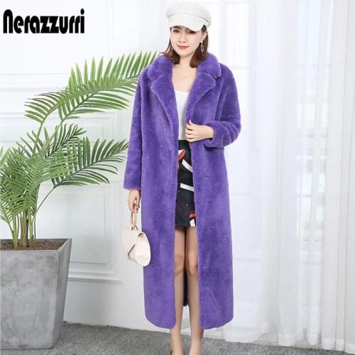 Nerazzurri Winter Long Warm Fluffy Real Fur Coat Cocoon Teddy Coat Women Lamb Shearling Overcoat Notched Lapel Korean Fashion