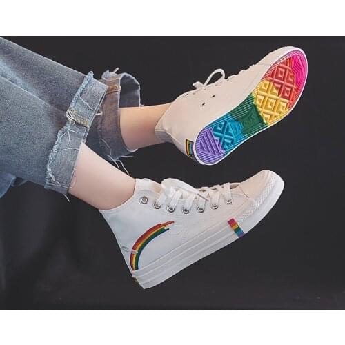 New Womens Rainbow Canvas Shoes Ladies Fashion Flats High Top Sneakers Women Vulcanize Shoes Comfortable Female Sneakers Casual