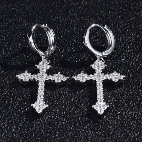 New Trend S925 Cross Drop Earrings Full Inlay Shiny Cubic Zirconia Charm Unusual Hoop Earring Womens Wedding Party Fine Jewelry