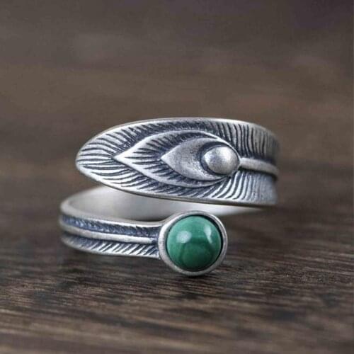 Silver Color Retro Malachite Feather Open Stacking Rings For Women Men Couple Punk&Elegant Fashion Bijoux