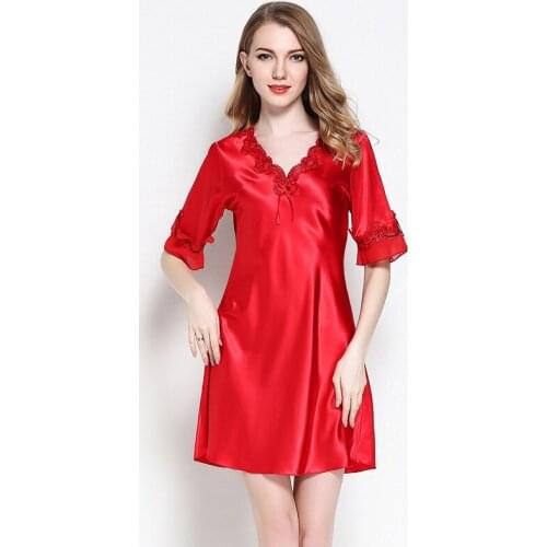 Sexy Red V-neck Spring Summer Nightgowns Short Sleeve Lace Patchwork Stain Sleepshirts Ladies Soft Sleepwear Mini Dress