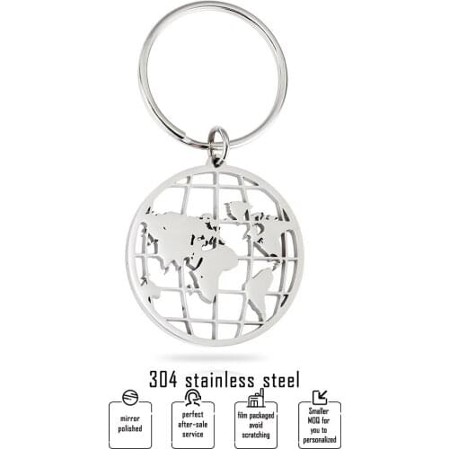 Hollow World Map Key Chain 304 Stainless Steel Fine Polish Round Pendant Key Holder Key Fob Key Accessories 20pcs