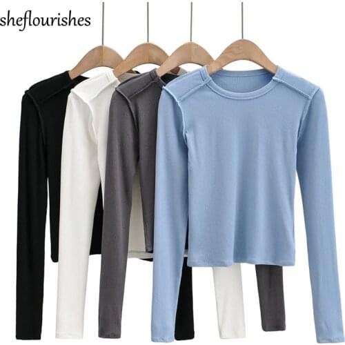 Casual t shirt women 2021 fashion long sleeve shirts vintage o neck top knit korean white t shirt black cropped tees female