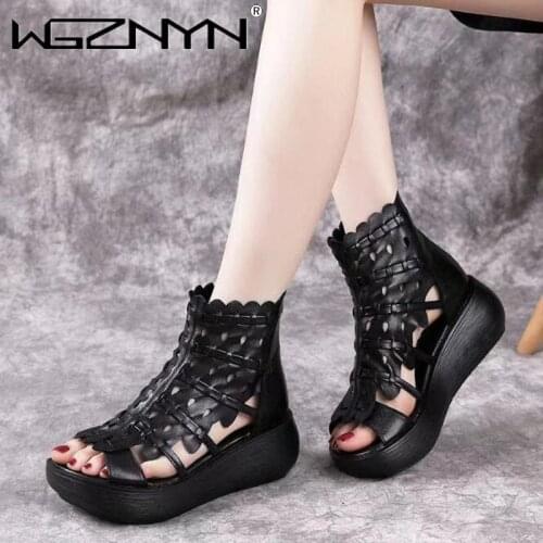 Summer Retro Style Hand-woven Real Leather Sandals Thick Heel Soft Bottom Women Shoes Elegant Fashion Leather Gladiator Sandals