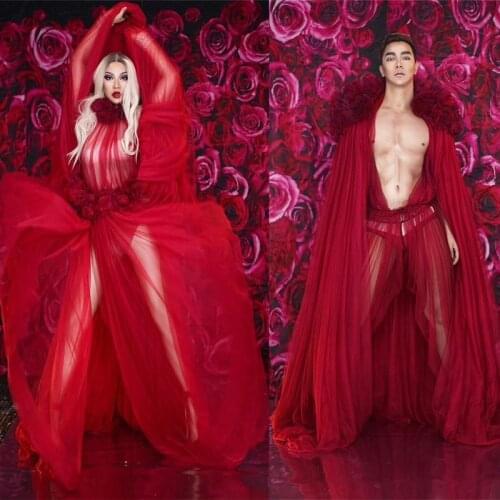 Men Women See-through Red Flowers Mesh Long Dress Lovers Photo Studio Clothing Bar Party Dancer Performance Wedding Costume
