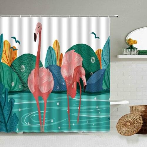 Nordic Hand Painted Famingo Waterproof Shower Curtain Tropical Animal Plant Cute Child Bathroom Accessories Partition Curtains
