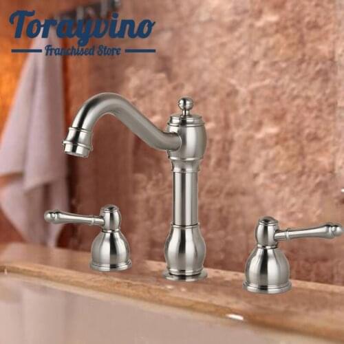 Torayvino Bathroom Basin Faucet Mixer Taps Brushed Nickel Brass Luxury Sink Hot & Cold Water Double Handle Deck Mounted Tap