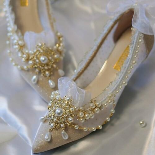 Pointed Toe Lolita Handmade White Moon Floral Wedding Lolita Shoes Pearl Lace Female Anime Cosplay Tea Party Prom Women Shoes