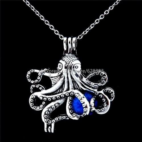 V184 Steampunk Octopus Locket Necklace Beads Cage Aromatherapy Essential Oil Gothic Unisex Pendant Necklace