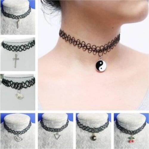 Punk Vintage elastic Fishing line Chokers necklace triangle shape cross frame heart feather leaf cherry pendant clavicle necklac