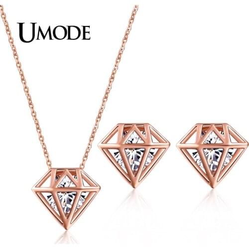 UMODE Brand Fashion Newest Rose Gold Color Crystal Drop Earrings And Pendent Necklace Jewelry Sets For Women Jewelry AUS0033A